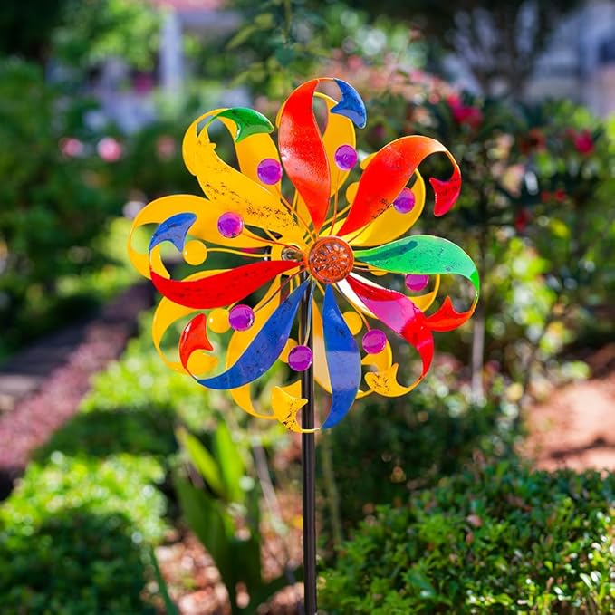 DREAMYSOUL Wind Spinners Outdoor, 13" Dia Colorful Petals Metal Garden Wind Spinner, Kinetic Wind Sculptures & Spinners for Yard Lawn Patio Decor