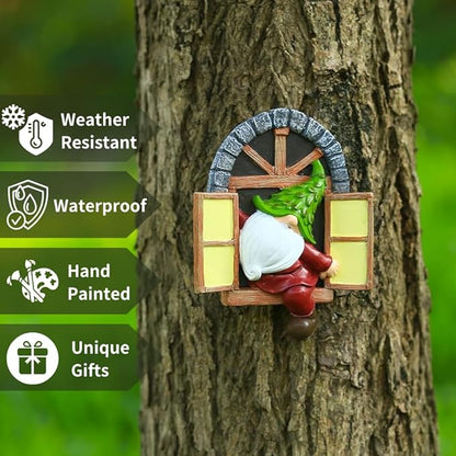 Mini Garden Gnomes Elf Out The Door Tree Hugger 5.8" Garden Statue Hanging Garden Gnomes Outdoor Decorations Tree Faces Decor Outdoor for Fairy Garden Patio Lawn Porch (Red