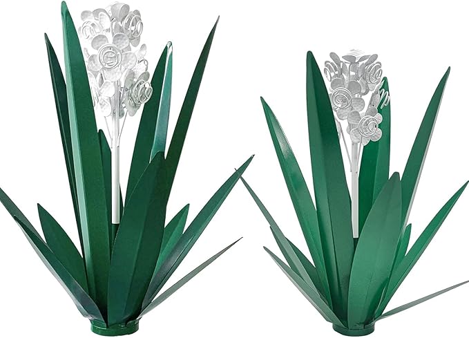 Metal Agave Plant Garden Art, 2 Pack Tequila Rustic Sculpture, Rustic Metal Agave Plants for Yard Stakes, Garden Figurines, Outdoor Patio (2 PCS White Flowers)