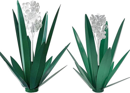 Metal Agave Plant Garden Art, 2 Pack Tequila Rustic Sculpture, Rustic Metal Agave Plants for Yard Stakes, Garden Figurines, Outdoor Patio (2 PCS White Flowers)