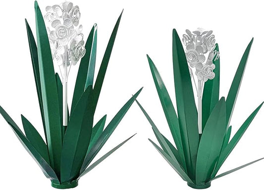 Metal Agave Plant Garden Art, 2 Pack Tequila Rustic Sculpture, Rustic Metal Agave Plants for Yard Stakes, Garden Figurines, Outdoor Patio (2 PCS White Flowers)
