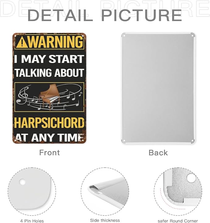 Vintage Tin Metal Funny Wall Decor Signs Warning Harpsichord Harpsichordist for Home,Garden,Patio,Office,Kitchen,8x12 Inches Retro Room Decorations