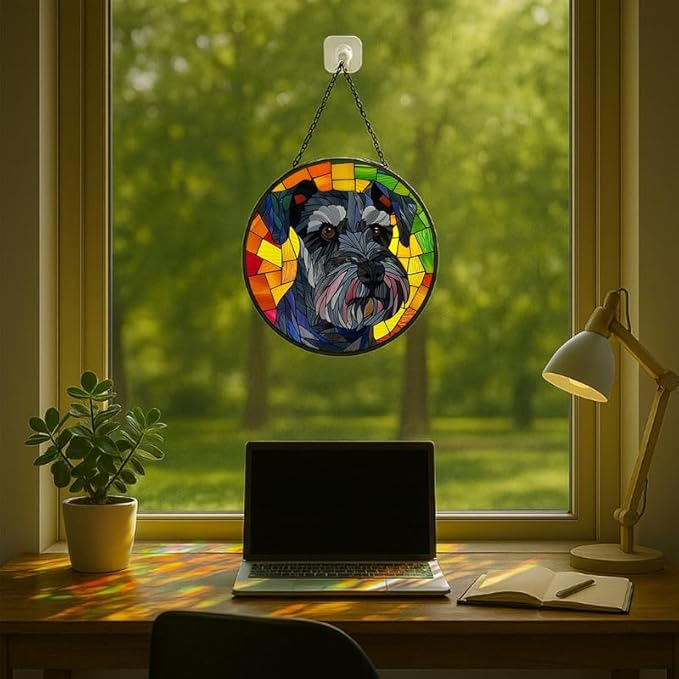 Stained Glass Window Hanging Schnauzer Dog 11.8in Sun Catchers Panel for Indoor Decorative Display for Mom Wife Lovers Festive