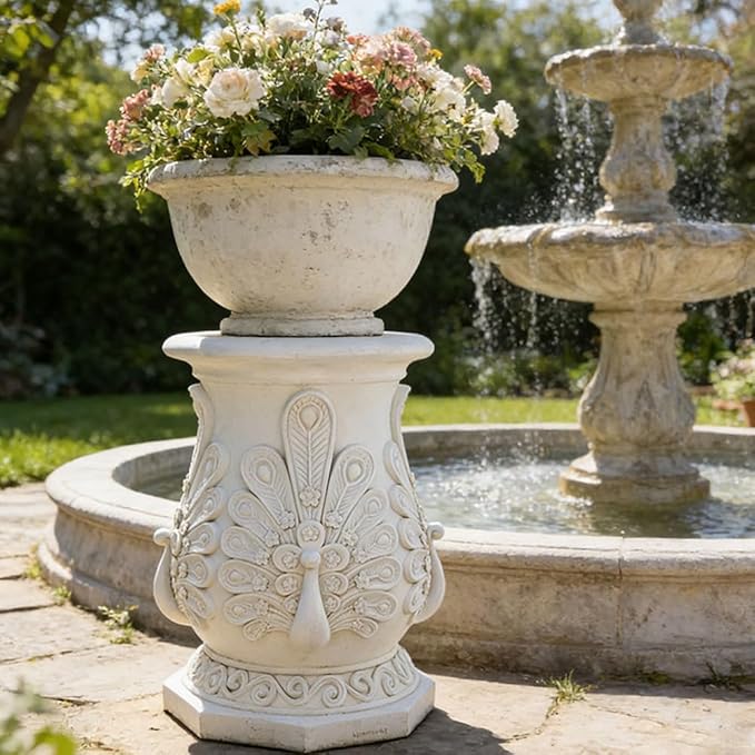 Decorative Roman Column Pedestal, English Rosette Indoor Outdoor Sculptural Garden Plinth Base Statue Riser, Weatherproof Sturdiness Plinth Base Statue Riser for Statues, Flower Pots, Decor, Cast Stone Resin (1458)