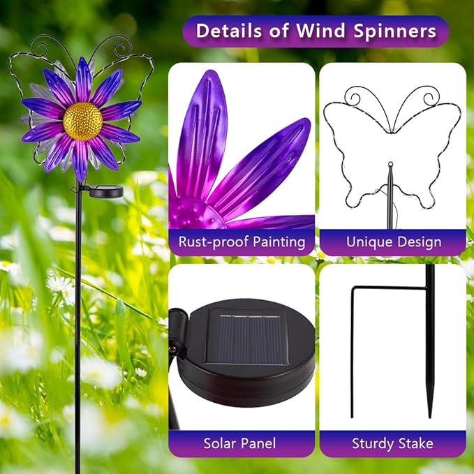 Solar Wind Spinners Outdoor,Butterfly Garden Windmill Metal Flower Wind Sculptures for Yard Art Lawn Decor(Purple)