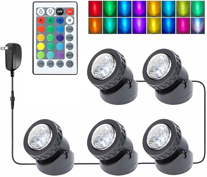 Pond Lights with Timer, Submersible Fountain Lights Colored Underwater LED IP68 Waterproof Memory Dimmable Outdoor Spotlights for Pond Fountain Waterfall Water Landscape, 5 Lights