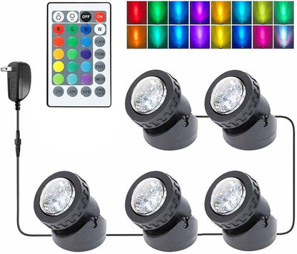Pond Lights with Timer, Submersible Fountain Lights Colored Underwater LED IP68 Waterproof Memory Dimmable Outdoor Spotlights for Pond Fountain Waterfall Water Landscape, 5 Lights