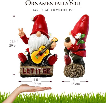 OrnamentallyYou Hippy Gnome with Guitar Garden Statue, Unique Flowers and Peace Sign