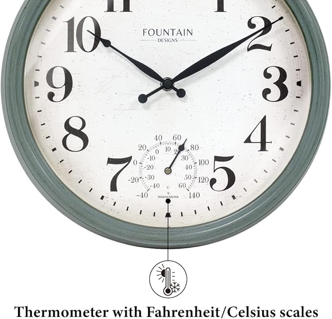 Maison in/Outdoor Clock with Thermometer, 2 in One Weather Station (Weather Thermometer/Wall Decoration) (Aged Teal, 13 inch)