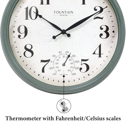 Maison in/Outdoor Clock with Thermometer, 2 in One Weather Station (Weather Thermometer/Wall Decoration) (Aged Teal, 13 inch)