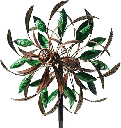 DREAMYSOUL Wind Spinners Outdoor, 360 Degree Rotation Double Layer Metal Kinetic Wind Spinner, Wind Sculpture with Green Leaves Blades for Yard and Garden Lawn Decor