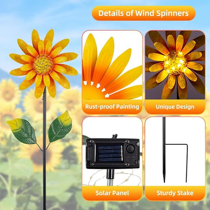 Solar Sunflower Wind Spinners Outdoor 2 Pack,Flower Windmill for Yard Art Decor,Pinwheels for Spring Outdoor Garden Lawn Patio Decor
