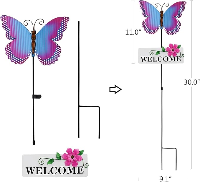 Garden Decor Metal Welcome Yard Stakes Spring Lawn Art Patio Decorative Plant Stake for Flower Pot Pathway Porch Backyard Indoor Outdoor Decoration (Butterfly)
