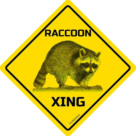 Raccoon Xing Crossing Sign Funny Novelty Metal Tin Sign for Bar Club Country Home Coffee Shop Indoor& Outdoor Decor Yellow Street Sign 12X12inch
