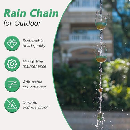 10.6FT Rain Chains for Gutter, Chicken Decorative Rain Chain with 12 Cups, Adjustable Rain Catcher Chain for Eaves Drainage, Replacement for Downspout