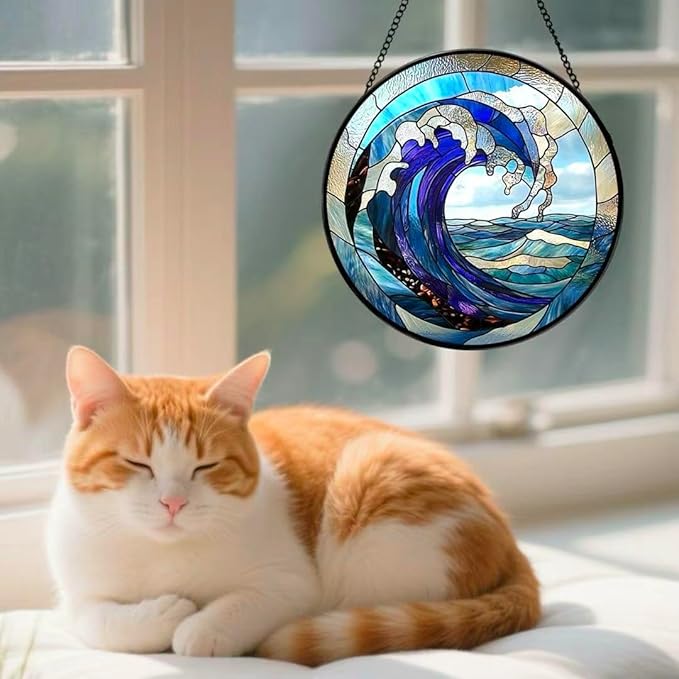 Stained Glass Window Hanging - Huge Waves and Turbulent Seas 6.3 Inches Suncatcher for Garden Home Decor for Women Mon Grandma Friends