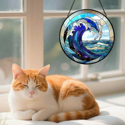 Stained Glass Window Hanging - Huge Waves and Turbulent Seas 6.3 Inches Suncatcher for Garden Home Decor for Women Mon Grandma Friends