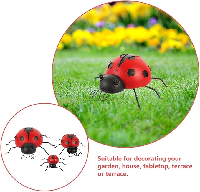 Tofficu Simulation Ladybug Ornaments 9.05 Inch Outdoor Garden Decor Metal Lawn Sculpture Cute Animal Patio Tabletop Accent for Yard Decoration