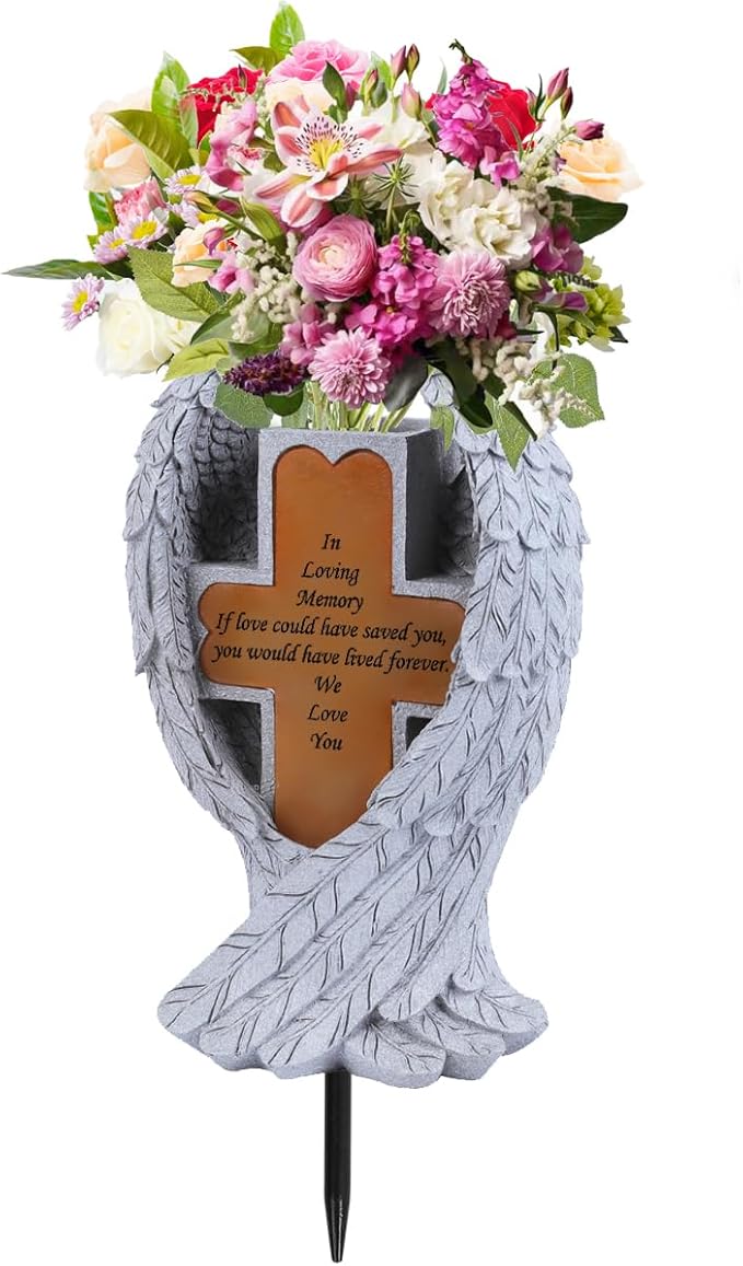 Angel Wings and Cross Solar Light CemeteryDecorations, Cemetery Decorations,Garden Solar Vase Decorations,Gift for Lost Lovers Ones (White)