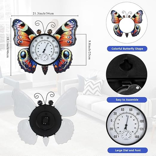 Large Outdoor Thermometer, Printed Butterfly Metal Indoor Wall Thermometer, 23.6" Outside Thermometer with Large Number for Patio Home Room Decor