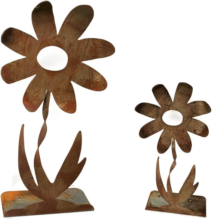 Metal Rustic and Colorful Flower Stakes Ranging from 9.5 to 36 Inches Tall (Twisted Daisy on Flat Base, Set of 24" and 36", Naturally Rusted)