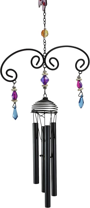 Ebros Gift Colorful Stained Glass Flitting Purple Mariposa Butterfly with Gems and Copper Metal Wind Chime 34.75" Long Resonant Noisemaker Mobile Outdoor Patio Garden Decor Accessory