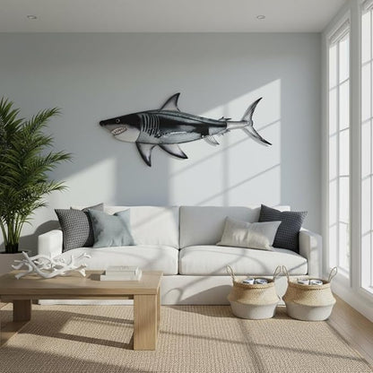 LIFFY Metal Shark Wall Decor, 36 Inch Large Fish Wall Art with Glass Accents, Hanging Ocean Theme Artworks Sculpture Decorations for Indoor Outdoor, Unique Nature Gift for Sharks Lover