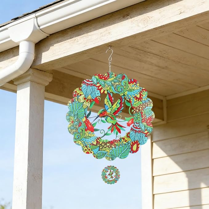 3D Hummingbird Wind Spinner Outdoor Garden Decor, 12 Inch, Stainless Steel Metal Hanging Sculpture for Patio Yard