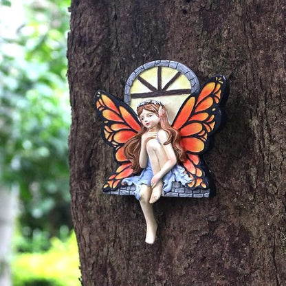 Fairy Out The Window Tree Hugger Garden Statue, Glow in The Dark Resin Fairy Figurine Wall Art Sculpture Outdoor Tree Faces Decor for Patio Lawn Yard Ornaments (Red)