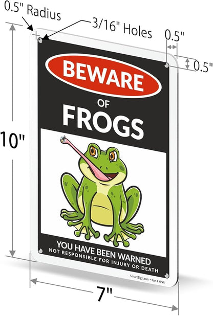 SmartSign Funny Beware Of Frogs Warning Sign - 10"x7", 40 mil Laminated Rust-free Aluminum - Metal Signs for Wall Decor, Outdoors, Patio, Gifts, Cafe - Frogs Theme, Made in USA