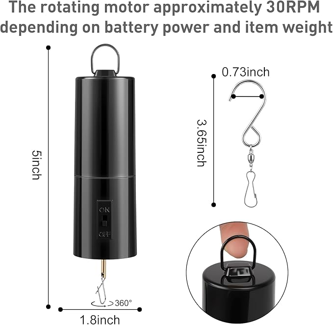 DuBant Battery Operated Wind Spinner & Free Stainless Steel Swivel Hook, Disco Ball Hanging Display Motor, Black Rotating Motor Hanging Spinner for Garden Outdoor Decor (Battery Not Included)