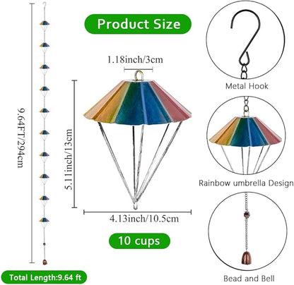 9.6 Ft Rain Chains for Outside, Colorful Parachute Shape Rain Catcher Chain with 10 Cups for Eaves Drainage, Replacement Downspout for Gutters