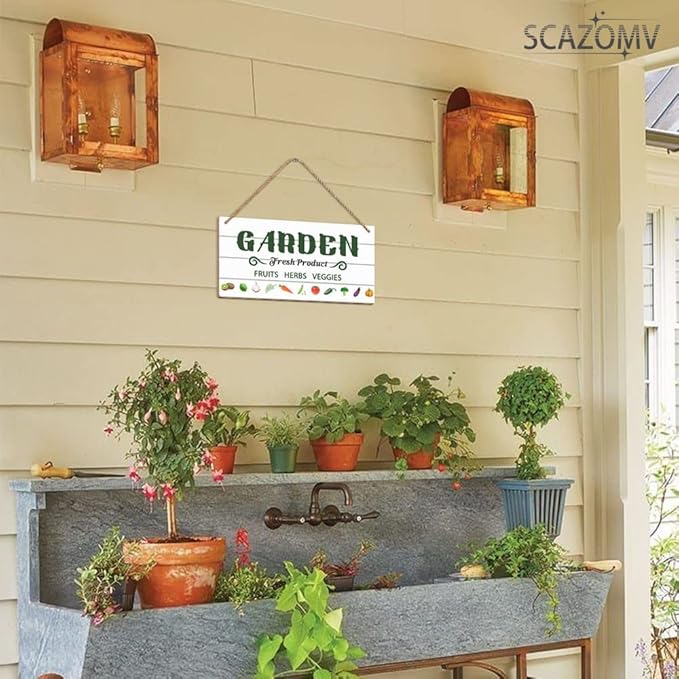 SCAZOMV Garden Sign Decor Garden Fresh Product Fruits Herbs Veggies Funny Outdoor Decorative Backyard Patio Farmhouse Potting Shed She Shed Personalized Wooden Hanging Plaque 5"X 10"