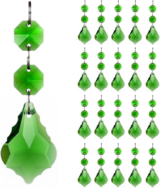 20pcs Crystal Maple Leaf Chandelier Prisms Replacement Pendant Connected Glass Octagon Beads Chain for Chandelier Christmas Decoration 38mm (Mid Green)