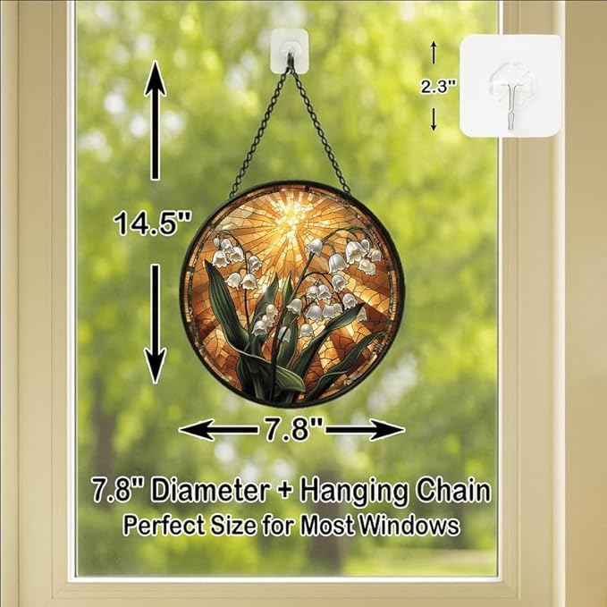 Stained Glass Window Hanging Lily of The Valley with Sunburst 7.8in Floral Sun Catcher, Vintage Rustic Home Decor