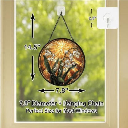 Stained Glass Window Hanging Lily of The Valley with Sunburst 7.8in Floral Sun Catcher, Vintage Rustic Home Decor