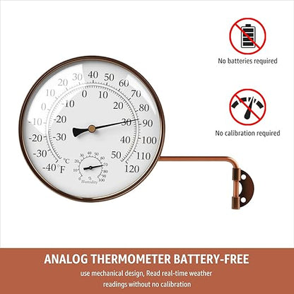6-Inch Outdoor Thermometer and Humidity Gauge, Window Thermometer for Outside Temperature and Humidity Monitor, Brass Analog Dial, Battery-Free for Patio, Garage, Greenhouse, Garden, Wall
