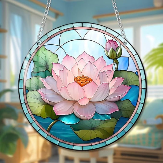 Lotus Stained Window Hangings with Chain – Acrylic Lotus Leaf Flowers Ornament for Garden, Patio and Indoor Decor, Housewarming Gift for Mom, Grandma and Plants Lovers