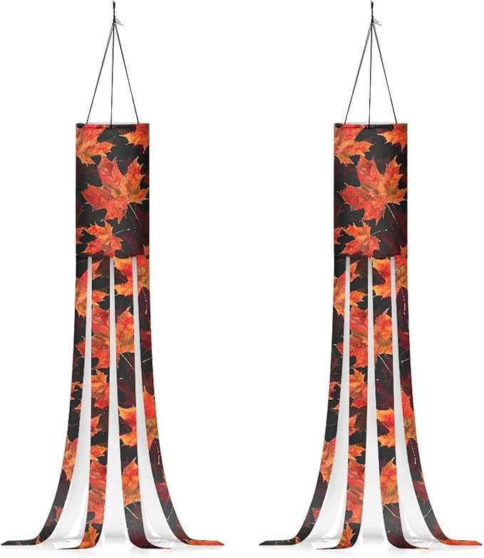 Thanksgiving Day Maple Leaf Windsock 2 Pieces Front Yard Patio Lawn Garden Party Decor Halloween Spooky Horror Decoration Machine Washable