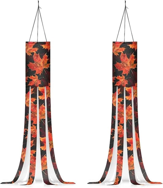 Thanksgiving Day Maple Leaf Windsock 2 Pieces Front Yard Patio Lawn Garden Party Decor Halloween Spooky Horror Decoration Machine Washable
