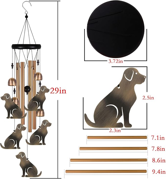 Bronze Dog Wind Chime, Gifts for Mom, Home, Garden, Balconies, Room, Patio, Indoor, Outdoor Decoration, with 4 Aluminum Tubes 5 Dogs Wind Chimes, Doggy Wind Catcher, Puppy Wind Bell Decor