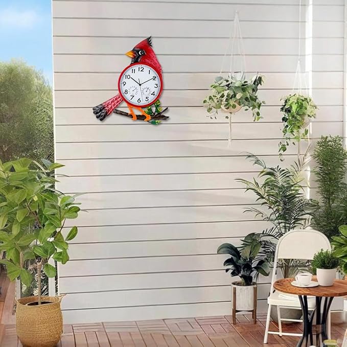 Large Outdoor Clock with Thermometer & Humidity - Silent Non-Ticking, Cardinal Outdoor Wall Clock for Patio, Garden, Kitchen, Living Room(Red)