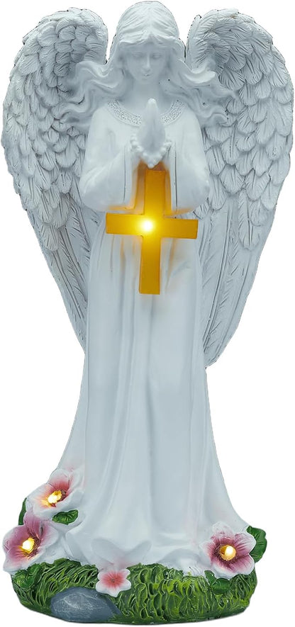 Solar Angels for Outside Garden, Angel Statue with Cross for Yard Lawn Patio Balcony, Chrisstmas, Memorial Gifts for Mom, Grandma, Women, 12 Inch,Resin