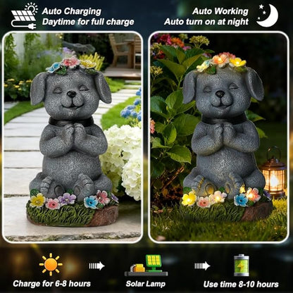 Meditating Dog Garden Statue with Solar LED Lights - Zen Yoga Puppy Figurine with Succulents, Waterproof Resin Decor, 8.7" Outdoor Sculpture, Heartwarming Dog Lover Gifts for Women, Mom, Yard Art