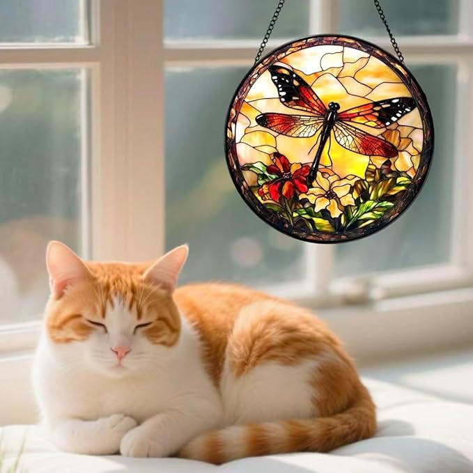 Stained Glass Window Hanging - A Dragonfly is Docked in The Garden 6.3 Inches Suncatcher for Garden Home Decor for Women Mon Grandma Friends
