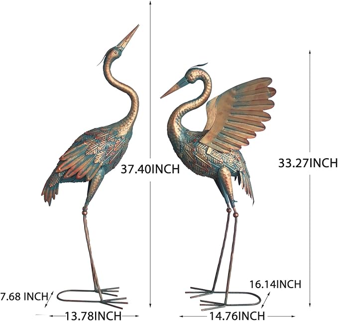 33-37 Inch Metal Crane Garden Statue Décor, Bird Heron Garden Sculpture & Statues, Outdoor Decoration for Yard Pond Lawn Backyard Pool, Vintage Spread Wings Crane, Set of 2 Copper