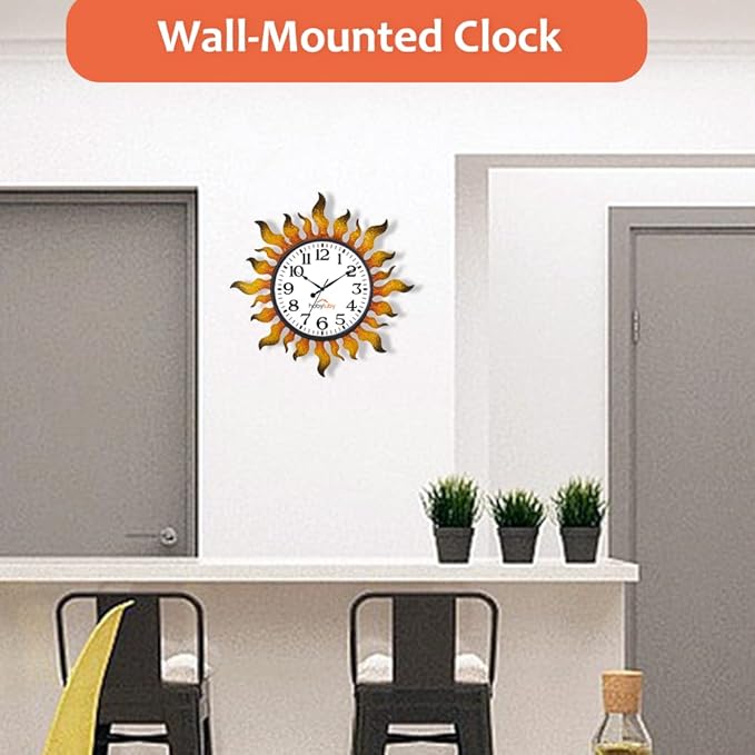 Outdoor Clock Silent Non-Ticking, 13" Sun Outdoor Wall Clock for Patio, Living Room, Home Decor（Gold）