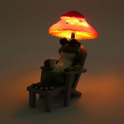 Magicnight Little Frog Garden Statue with mini Patio Mushroom Solar Lights Outdoor Figurines Halloween Home Decor Fairy Garden Accessories Small Lawn Ornaments 4.5"x4.5"x2.6"
