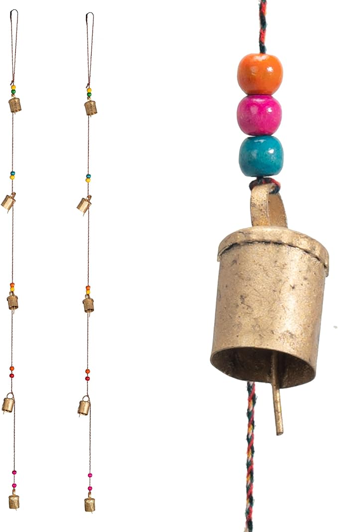 Set of 2 Rustic Vintage Bell hangings for Home Decor Wall Door Christmas New Year Decoration Garden - 5 Handmade Bells in a String with Beads. Wind Chime Bell Chime Cow Cat Cattle Bells Gifting