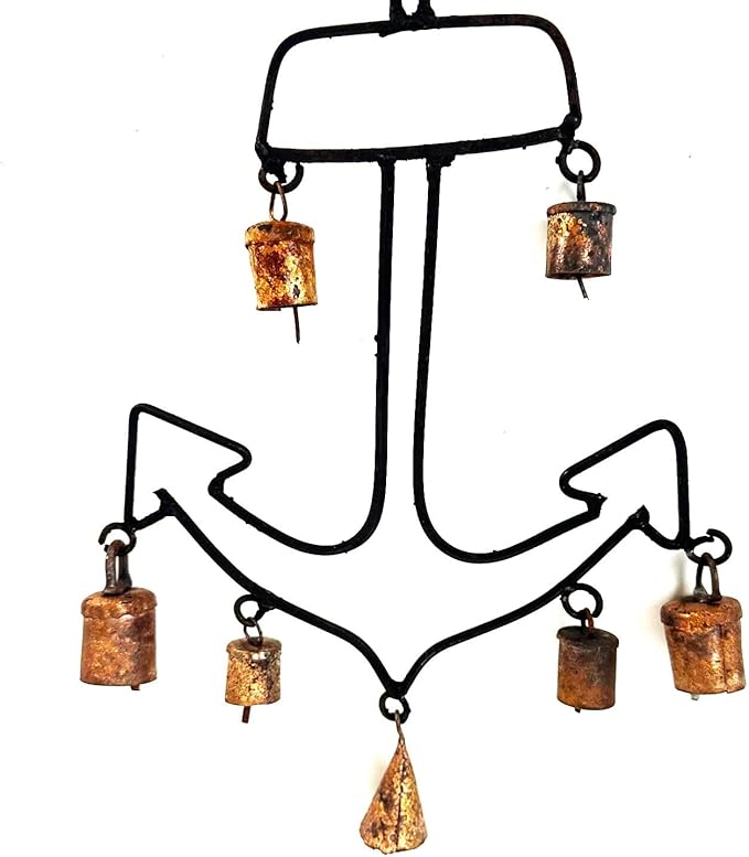 Nautical Anchor Wind Chime with 7 Rustic Copper Cow Bells, Black Metal Frame, Vintage Maritime Outdoor Decor, 17" x 10"